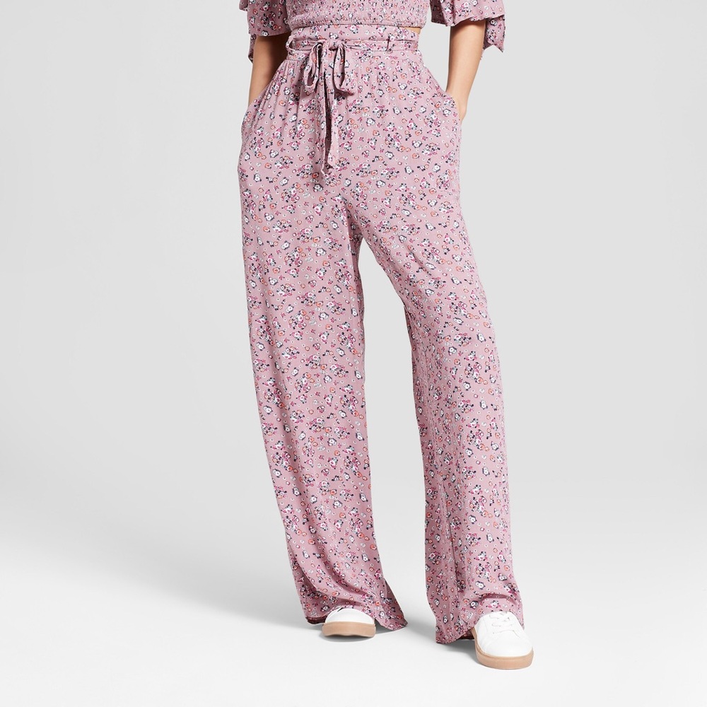 Floral Wide Leg High Waist Tie Front Pants